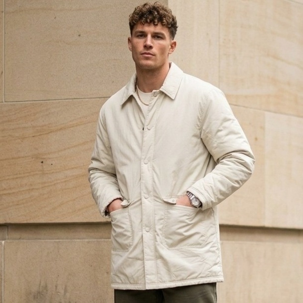 ASOS DESIGN Chore Coat Jacket Men Large Light Cream Quilted Lined Snap Front